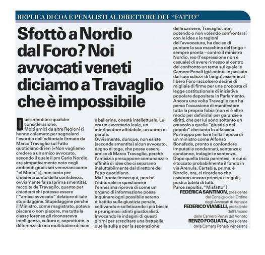 La replica dell'avvocatura veneziana a Travaglio: noi apprezziamo il Ministro Nordio